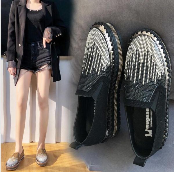 

2020 spring new korean fashion single shoes women's pedal muffin thick bottom lazy wild rhinestone loafers women, Black