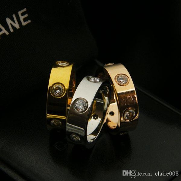 

fashion jewelry titanium steel rose gold love ring jewelry fine white diamond six drill six hole couple rings for woman and man ring, Silver