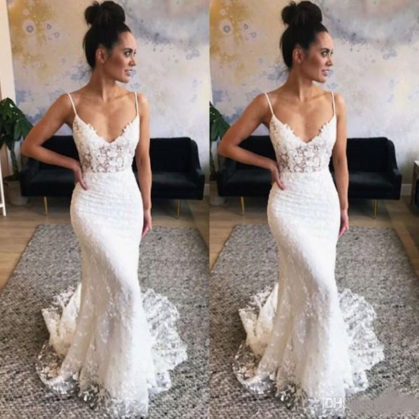 

2020 spaghetti strap lace appliques long boho mermaid wedding gown v neck backless summer beach wedding bridal dress, White