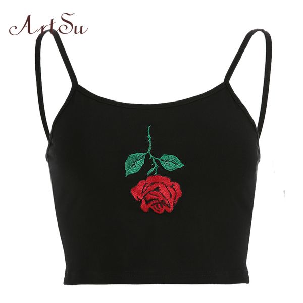 

rose embroidery spaghetti strap black crop sleeveless casual short camisole women streetwear cami asve20424, White
