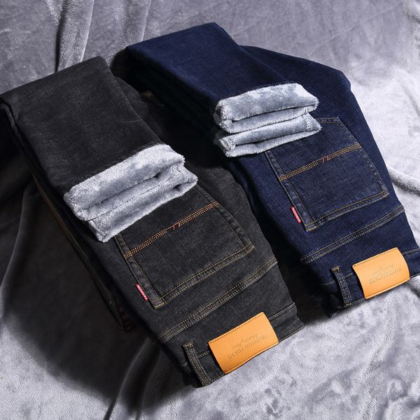 

mens designer velvet warm winter mid-waist straight jeans thickened high-elastic pants fashion, Blue