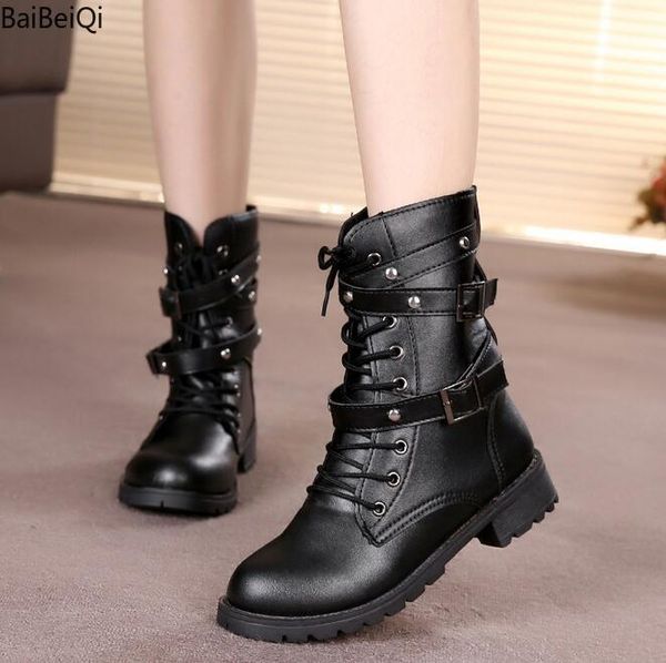 

women punk gothic style lace up belts round toe flats motorcycle mid-calf boots shoes women street haulage motor mujer zapatos, Black