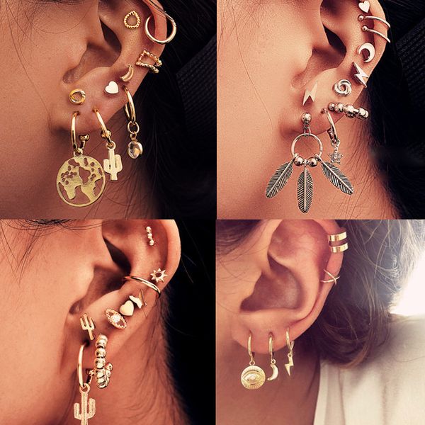 

diezi vintage cactus star moon map ocean feather lighting earring sets for women gift fashion stud earrings jewelry ear cuff, Golden;silver