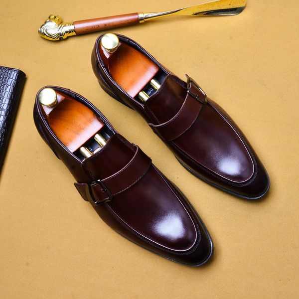 

men's shoes genuine leather buckle strap monk shoes british business dress cowhide, Black