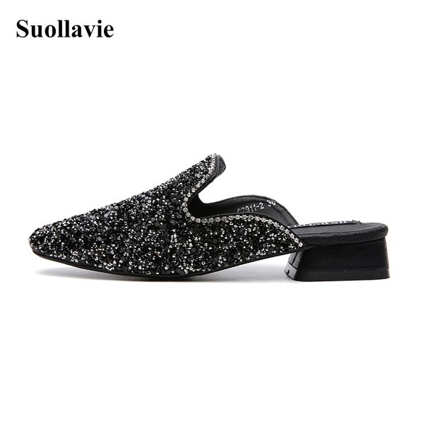 

women slippers women square heel sandals shoes crystal sequined cloth casual female mules low heel ladies sandals bling slides s03, Black