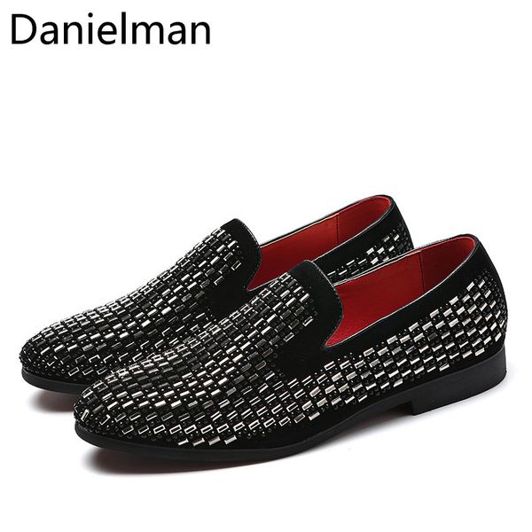 

danielman men loafers luxury black spikes metal sequins footwear dress shoes big size 38-48 casual man flats driving shoes