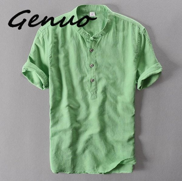

genuo new mens pullover linen shirts short sleeve mens quality casual shirts slim fit solid mandarin collar cotton men, White;black