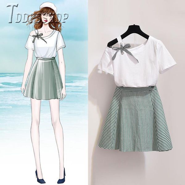 

2019 french style women sets white t shirt and stripe skirts female sets