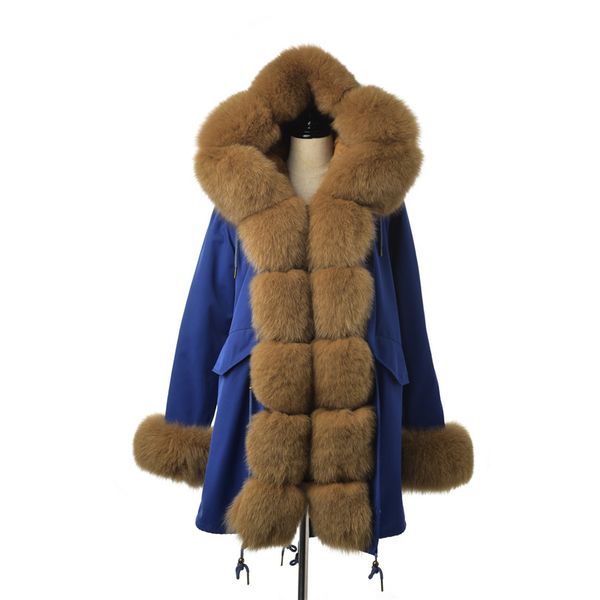 

fursarcar fashion jacket real fur parka women luxury winter 80 cm blue coat with fur collar and cuff casual warm parka, Black