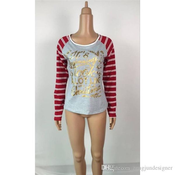 

womens christmas desinger autumn tshirts crew neck long sleeve striped print female clothing festival casual apparel, White