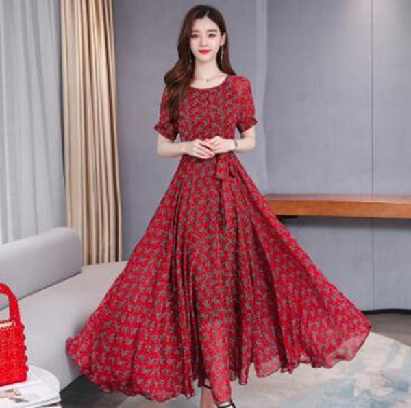 

wholesale fashion new women's waist short sleeve over the knee mid-length floral chiffon dress, Black;gray