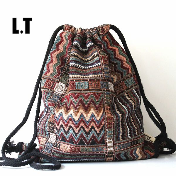 

women vintage backpack female gypsy bohemian boho chic aztec folk tribal ethnic fabric brown string drawstring backpack bag