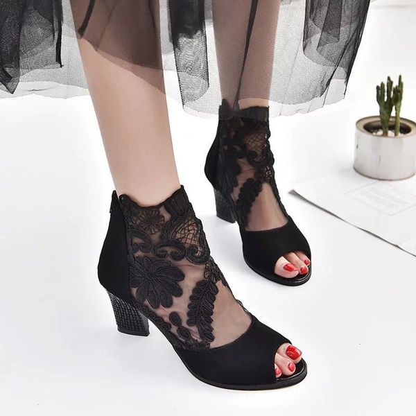 

chunky high heel shoes summer new style europe and america gauze fish mouth large size fashion sandals, Black