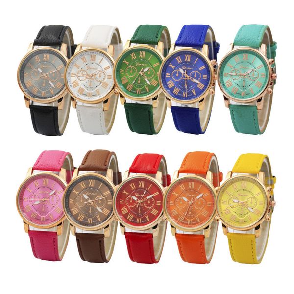 Orologio di lusso di Ginevra Orologi con numeri romani Orologio da polso in pelle colorato unisex al quarzo Per uomo donna