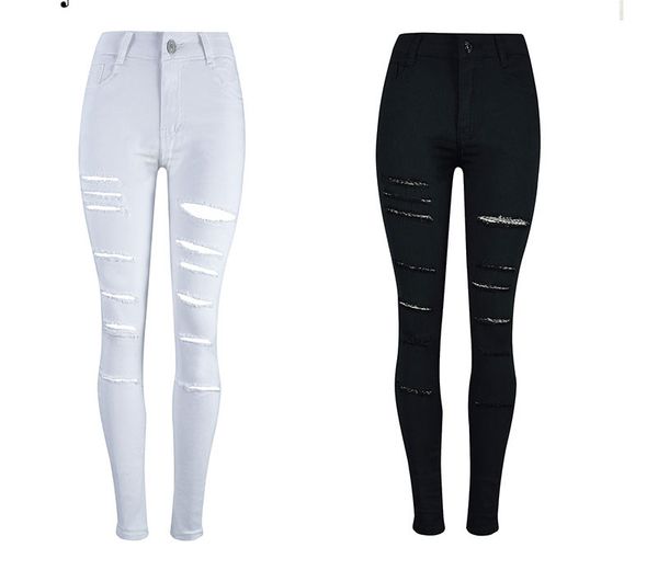 

2020 spring distrressed womens jeans ripped hole skinny female trousers pure color fashion personality ladies pencil pants, Blue