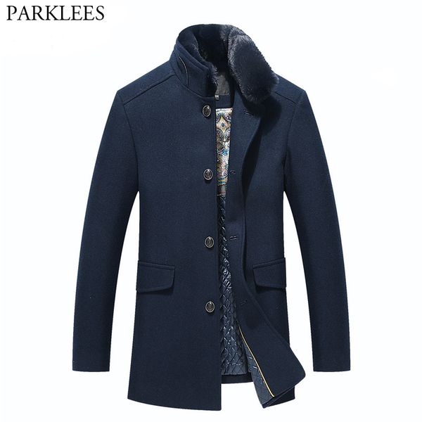 

mens overcoat 2017 winter long wool trench coat men slim fit casual jackets coats removable fur collar men trench coat peacoat, Black