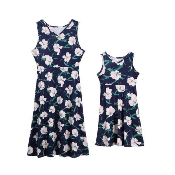 

2019 fashion mother daughter dresses family matching clothes soft chiffon floral dress boho beach summer holiday outfits, Blue