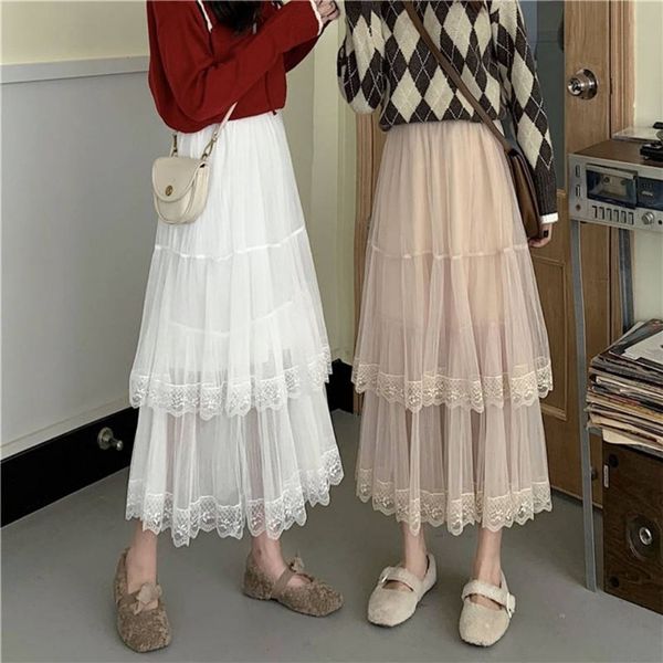 

elegant 2020 летний новый женщины тюль юбка женщины торт плиссированные юбки белый черный высокой талией midi юбки тонкие сетки кружева длин, Black