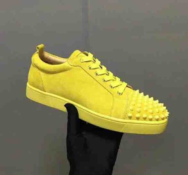 

Мужчины Женщины желтый натуральная кожа с шипами Toe низкий топ зашнуровать мода к