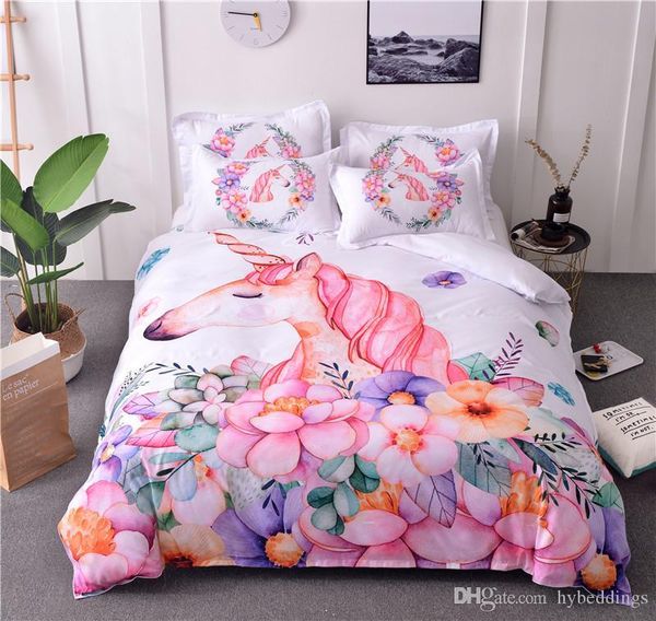 3d Cartoon Bedding Set Unicorn Floral Bed Cover Pink White Duvet