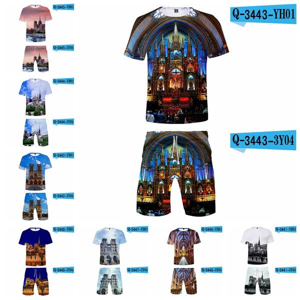 

notre dame de paris t-shirt shorts set 3d printed men women hip hop high street short pants tracksuit l-jja2099, Gray