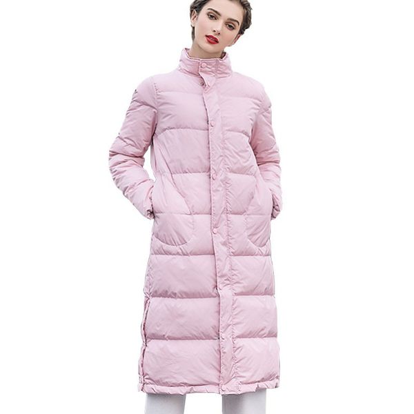 

white duck down pink down jacket coat stand collar loose winter women parkas pocket long overknee snow outwear office lady hj55, Black