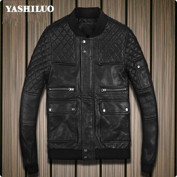 

retro slim fit sheepskin genuine leather men jacket stand collar coat male motorcycle chaquetas de cuero hombre, Black