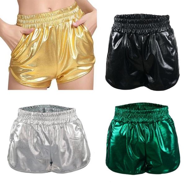 

ensnovo metallic shimy elastic waist shorts gold silver fashion night club dancing wear short pants, White;black
