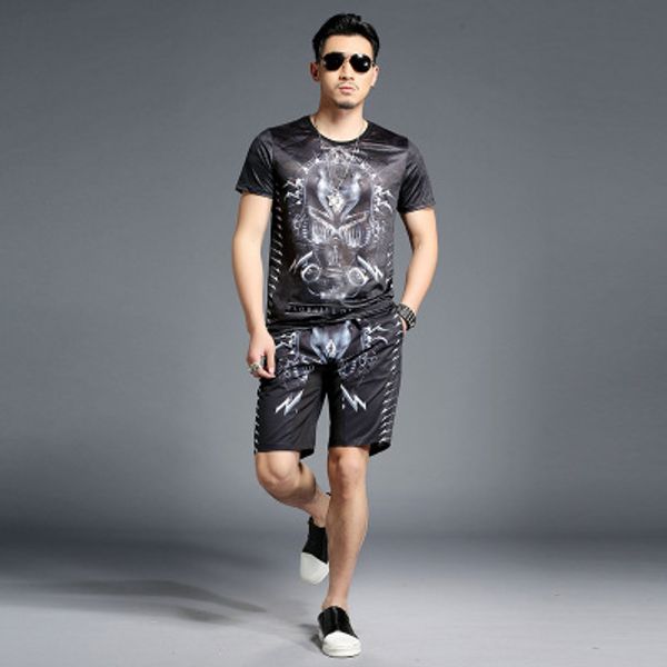 

men's designer casual suits summer personality printing t-shirt trend five minutes pants round neck shirt baggy shorts fashion two-piec, Gray