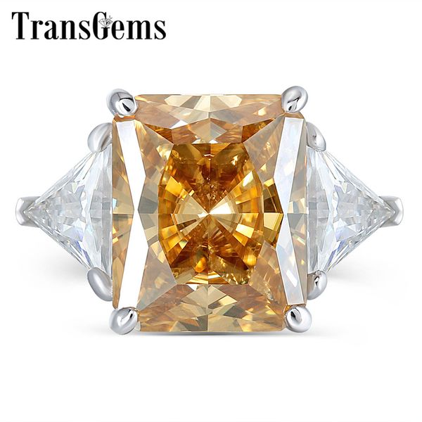 

transgems 14k white gold 4.5ct 9x11mm dark yellow radiant cut moissanite with 2 pieces triangle fg color stone engagement ring y19061203, Slivery;golden