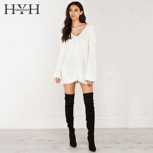 

hyh haoyihui new autumn women long sleeve black elegant simple loose jumper knitted thin pullover women slim fashion sweater, White;black
