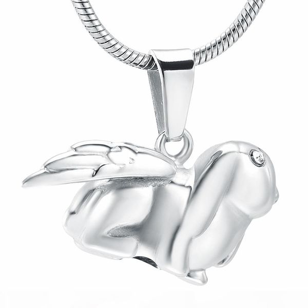 

zzl081 angel wing rabbit stainless steel keepsake urn necklace with crystal eyes - pet memorial jewelry for cremation ashes, Silver