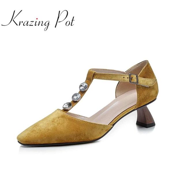 

dress shoes krazing pot vintage kid suede small square toe med heels rhinestone buckle straps elegant women fashion summer pumps l88, Black