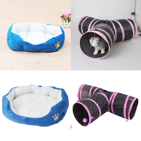 

fluffy kitty bed cat house with plush pad +cat tunnel pet toy indoor/outdoor