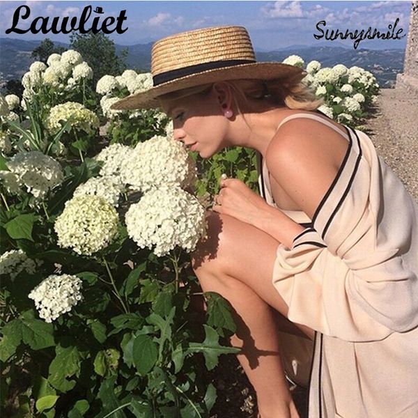 

women wide brim summer beach hats natural straw boater hats flat sun hats dress cap fashion show chapeau feminino cap t200602, Blue;gray