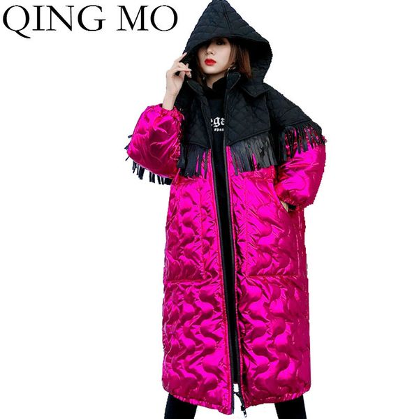 

qing mo black green women hooded parkas 2019 women winter thick warm parkas with tassel female patchwork color zqy2357