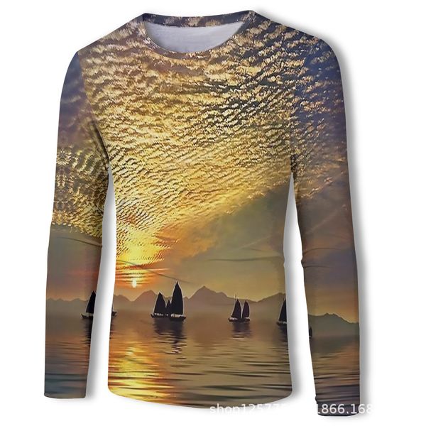 

mens designer sunset scenery digital printing t-shirt long sleeve, White;black