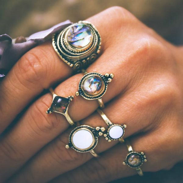 

2020 fashion retro joint ring inlaid with pebbles combination suit ring party couple gift wholesale accessories, Golden;silver