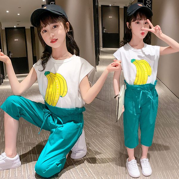 

summer girls clothes sets baby girl sleeveless tees + calf pants suits kids clothing banana printed children's clothes 2pcs, White