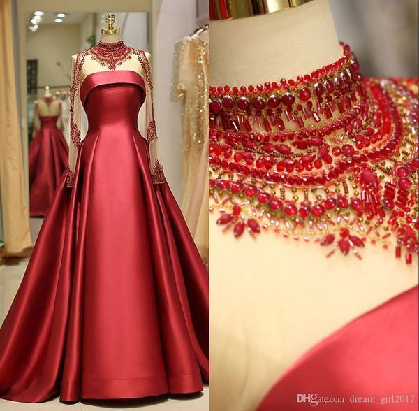 

luxury red a line evening dresses jewel neck lace applique long sleeves satin formal dress evening gowns wear robes de soirée vestidos, Black;red