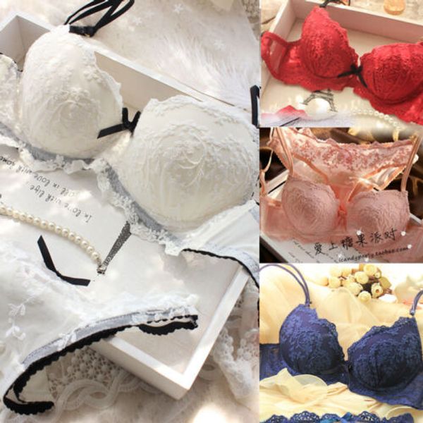

meihuida 2019 sweet women floral lace plunge bra + panties set underwear lingerie underwire push up bra set 32-36, Red;black