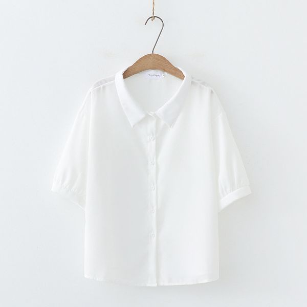 

japanese-style mori girl line simple literature and art solid color fold-down collar loose-fit slimming thin summer wear half sl, White
