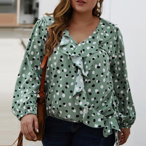 

волновой точки оборками рубашки женщины плюс размер v-образным вырезом с длинными рукавами блузка dot printed easy tops женщины отдыха призв, White