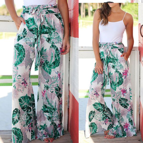 

women's pants & capris wide trousers summer long women casual floral print loose with belt length mid waist leg beach 2021, Black;white