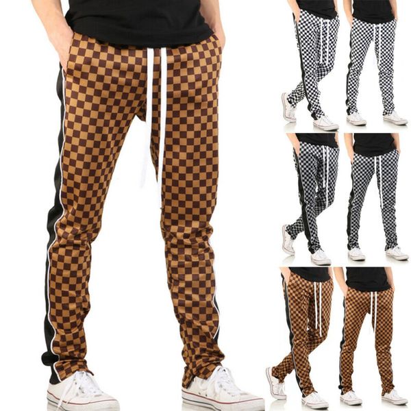 

Men Casual Long Pants Spring Autumn Slim Fit Trousers Breathable Sweatpants Fashion Gray Plaid Pants Men Side Striped Bottoms