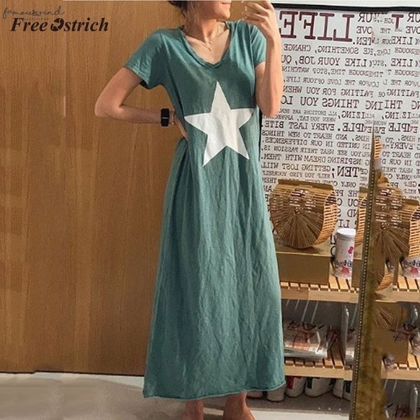 

summer dress women five pointed star print casual loose long maxi dress girl clothes v neck short sleeve vestidos 7, Black;gray