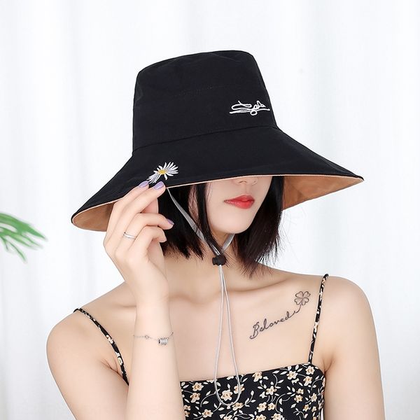 

female summer sunscreen sun hipster double-sided big cornice hat daisy flower embroidered cloth hat, Blue;gray