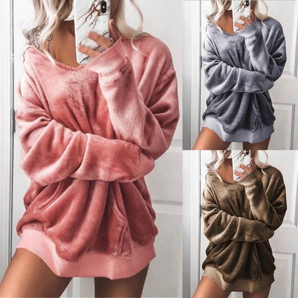 

casual winter solid color hoodies women v neck long sleeve loose hooded sweatshirt warm nylon/polyester/spandex women's hoodies, Black