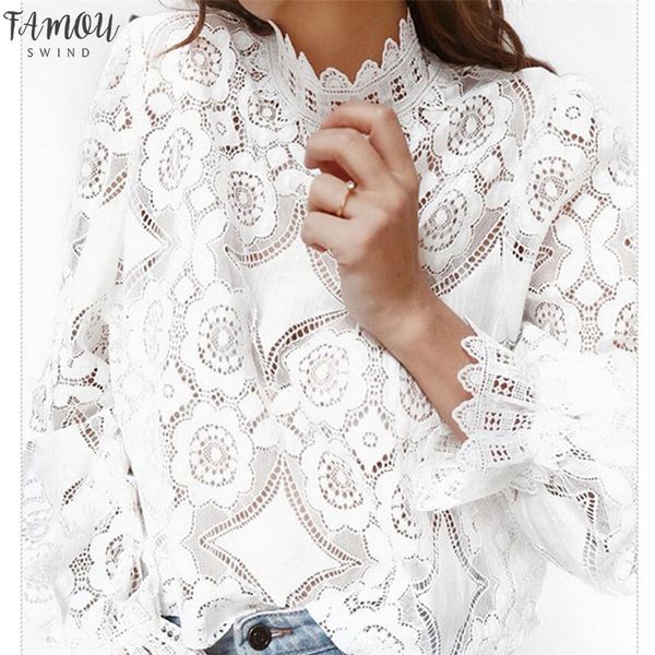 

new fashion 2020 womens lace crochet flower blouses ladies cotton casual loose long sleeve shirts female hallow out, White