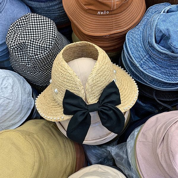 

pearl inlaid straw butterfly straw hat with bowknot decoration personalized empty hat big eaves sunscreen female, Blue;gray